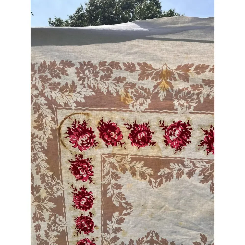 Vintage Tablecloth with Red and Pink Roses and Leaves